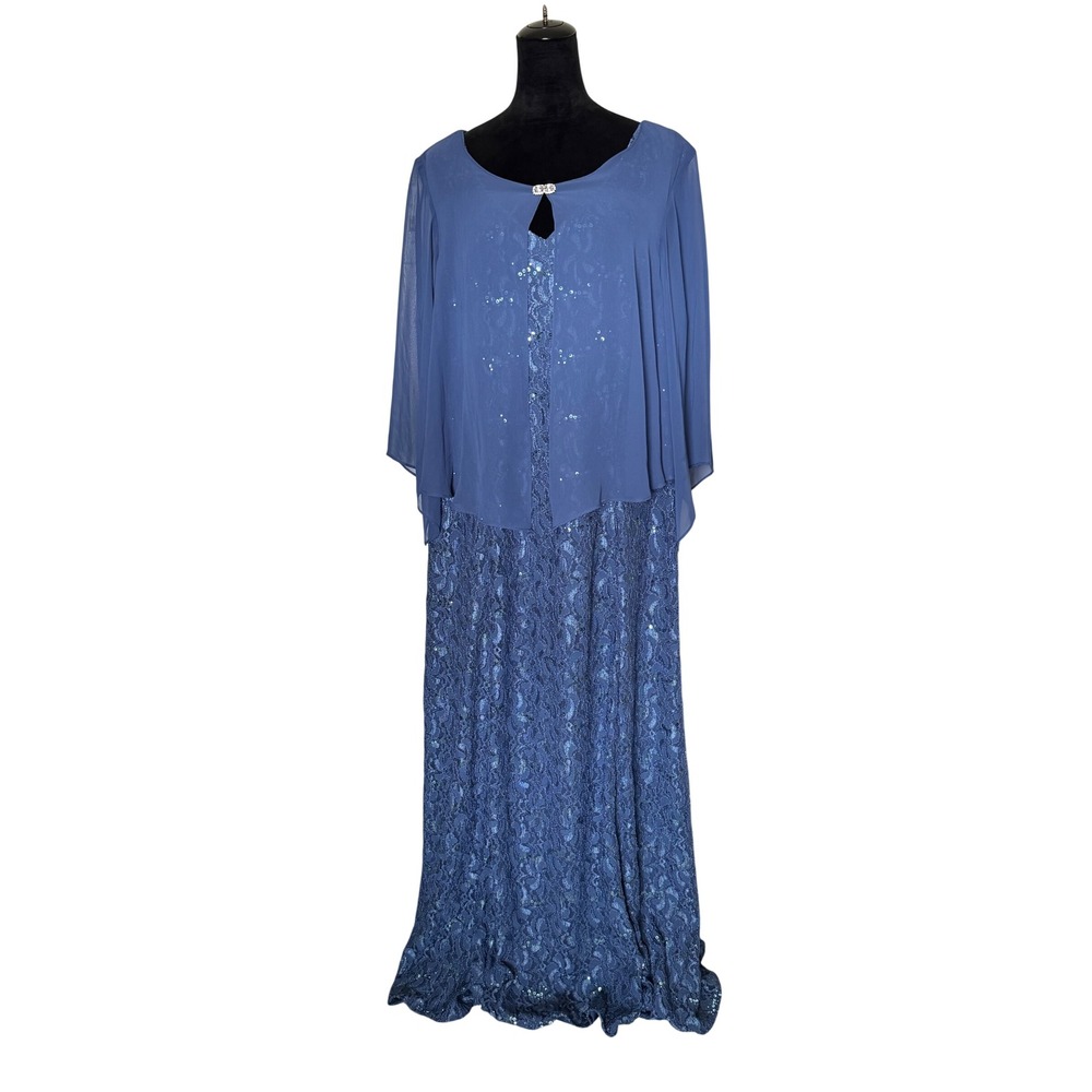 Alex Evenings Womens 22W Blue Lace Sequin Chiffon Mock Two Piece Gown Dress